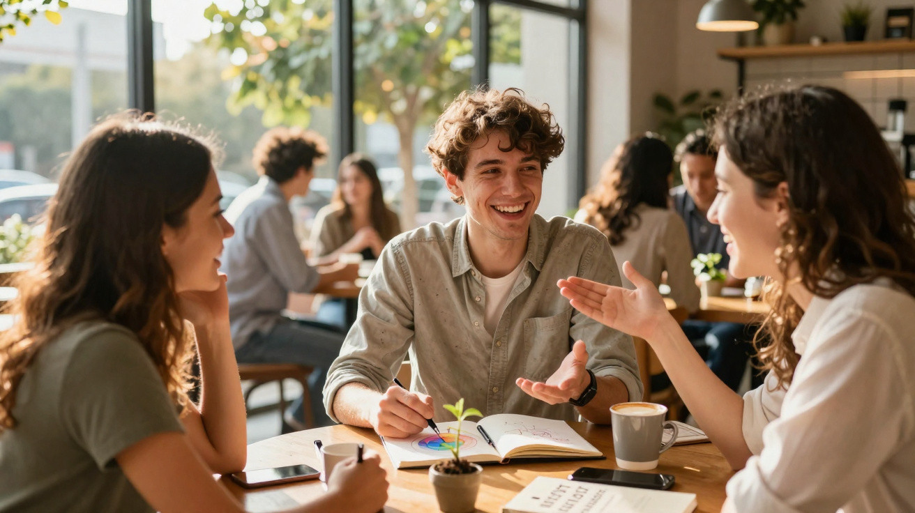Três jovens a conversar e a estudar juntos numa cafeteria iluminada durante o dia.