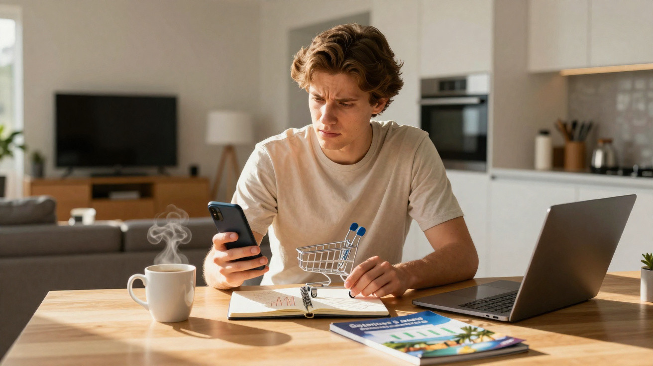 Jovem sentado à mesa com mini carrinho de compras, telemóvel, laptop e chá quente.