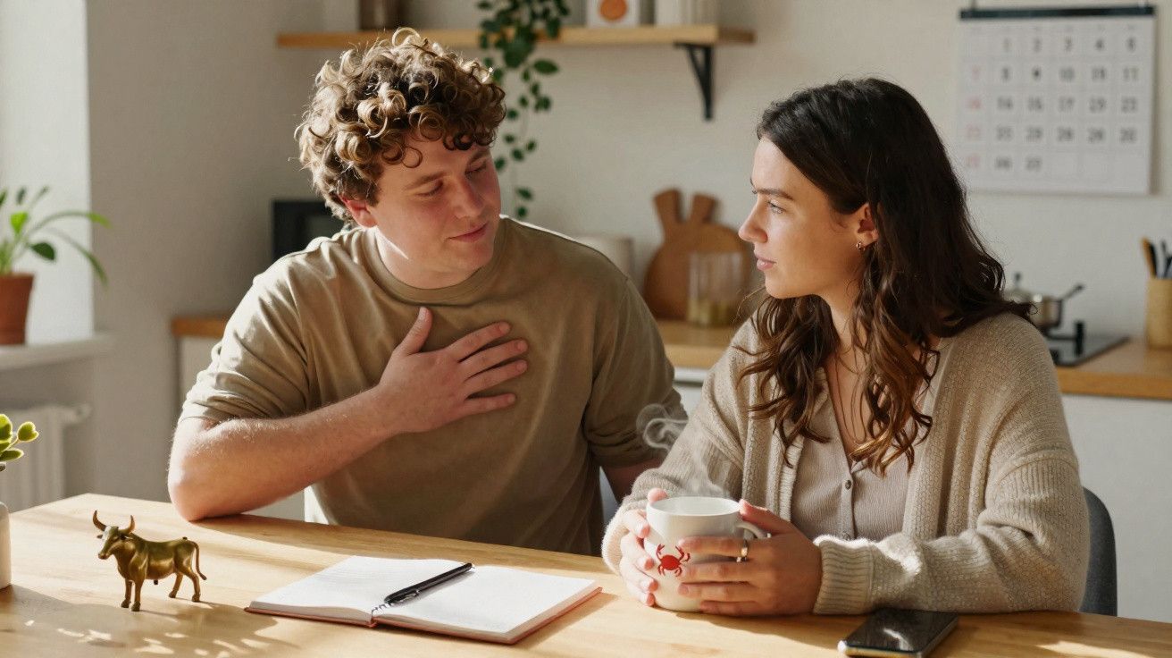 Dois jovens sentados à mesa numa cozinha, conversando, com caderno aberto e caneca na mão.