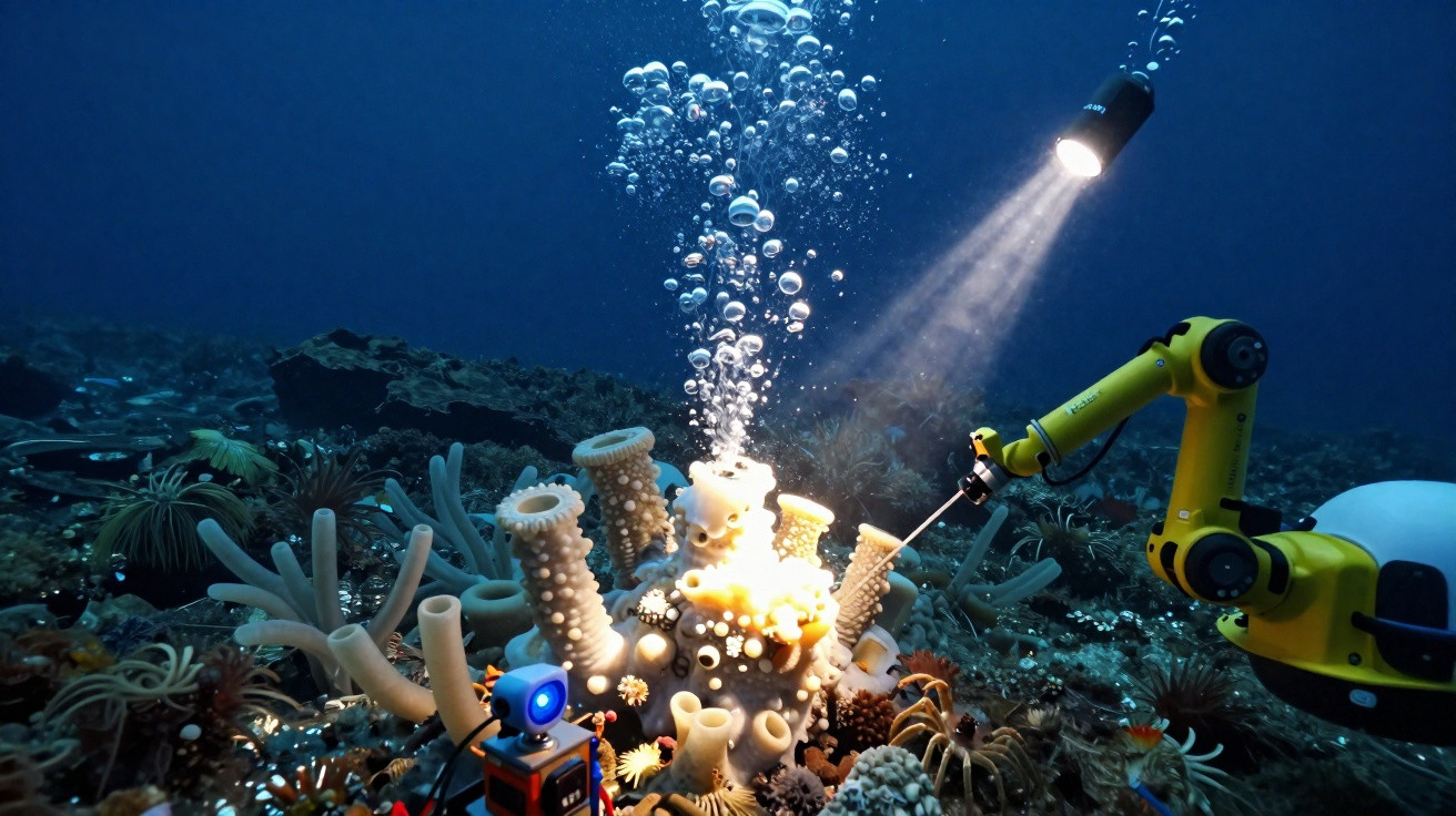Robô subaquático com braço mecânico ilumina e analisa corais e esponjas no fundo do mar.