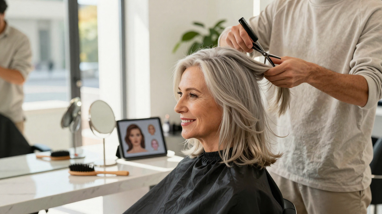 Mulher sorridente a cortar o cabelo num salão de cabeleireiro moderno e iluminado.