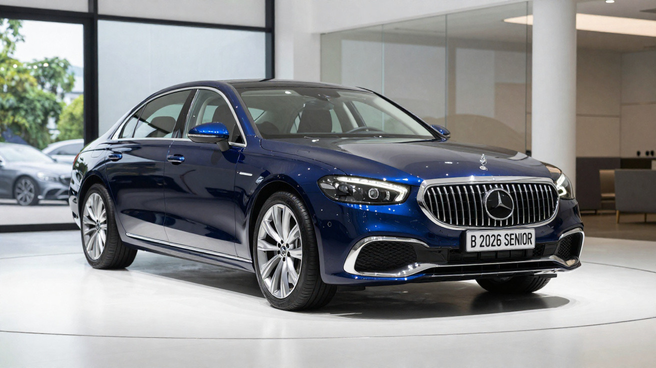 Carro Mercedes-Benz azul escuro exibido em salão, vista frontal ligeiramente lateral direita.