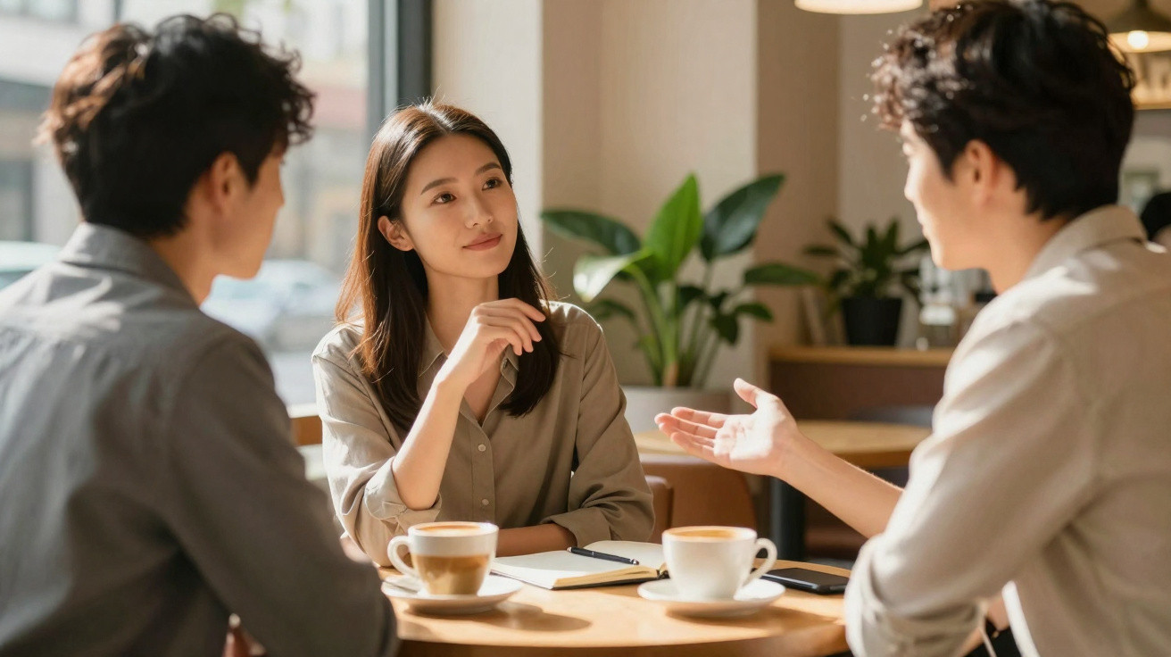 Três jovens sentados à mesa de café, conversando num ambiente acolhedor e iluminado.