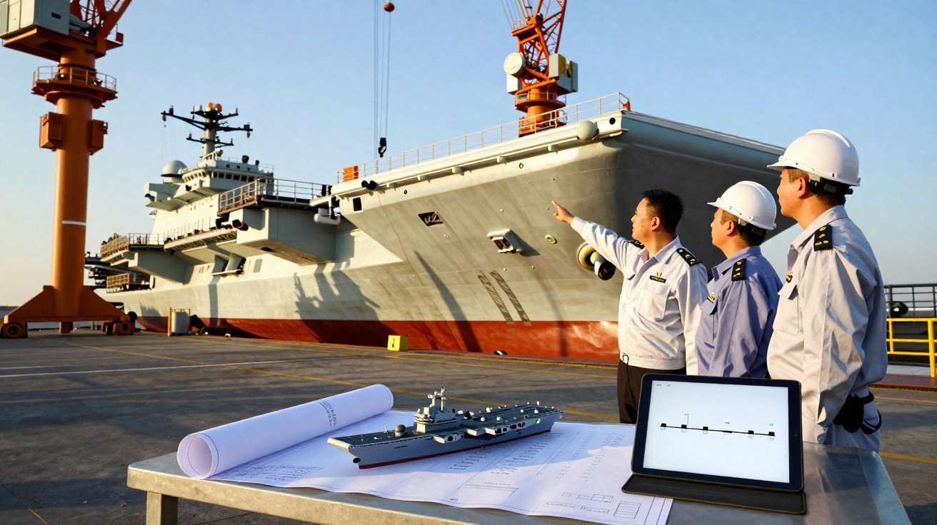 Três engenheiros navais com capacetes observam um porta-aviões em construção num estaleiro naval.