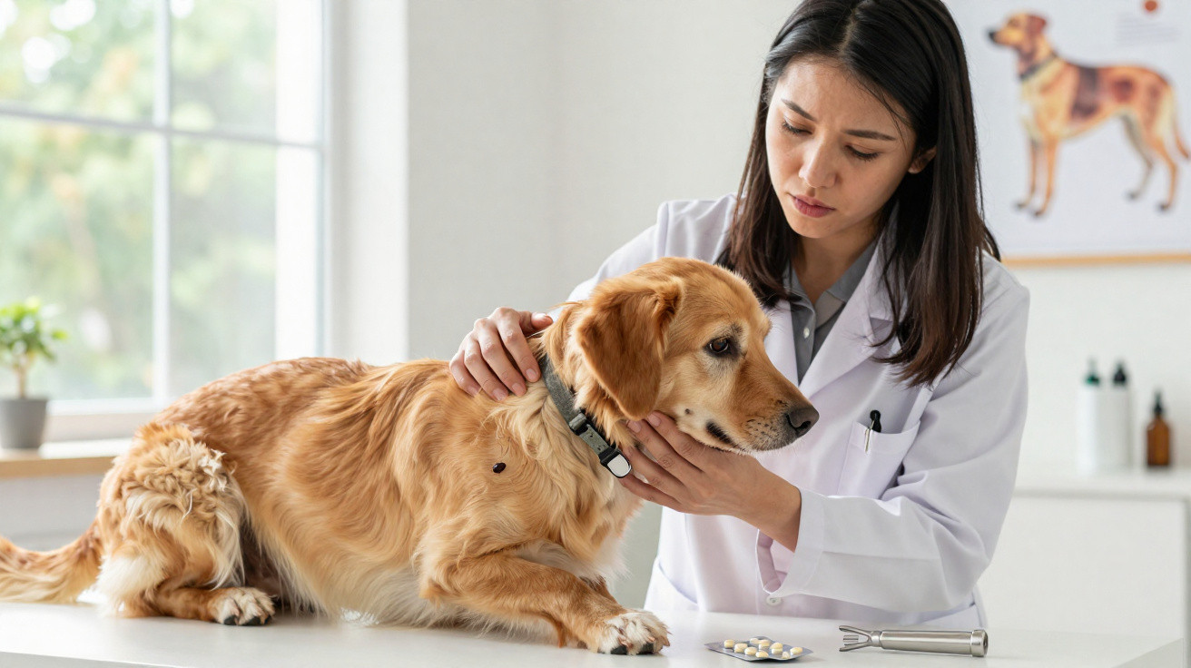 Veterinária examina cão dourado com carrapato visível na pele, em consultório iluminado.