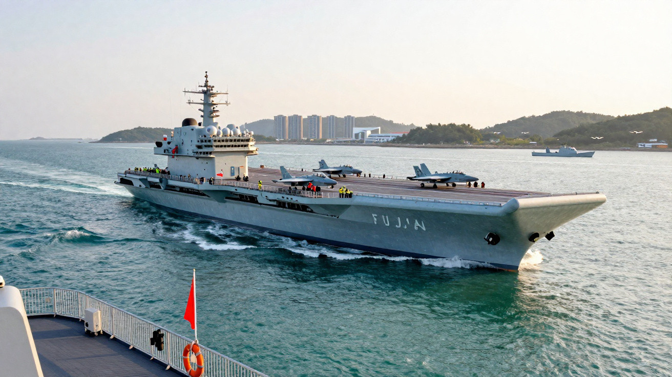 Porta-aviões militar chinês Fujian navegando perto da costa com edifícios e ilhas ao fundo.