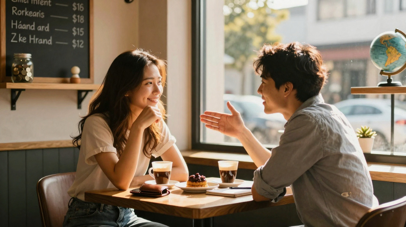 Casal jovem a conversar e sorrir numa mesa de café junto a uma janela com luz natural.