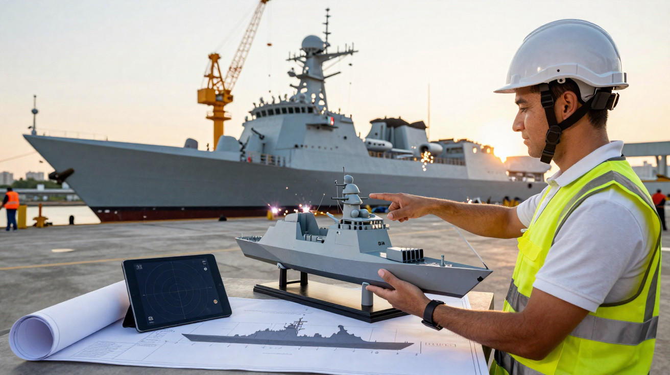 Engenheiro naval com capacete e colete a trabalhar num modelo de navio de guerra num cais, com navio real ao fundo.