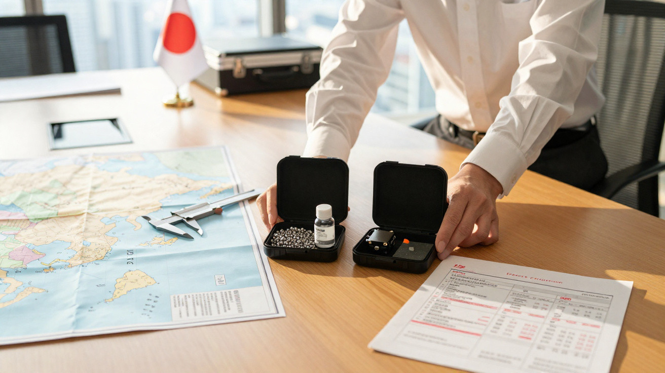 Mãos de pessoa a manusear caixas com itens médicos sobre mesa com mapa, documento e bandeira do Japão.