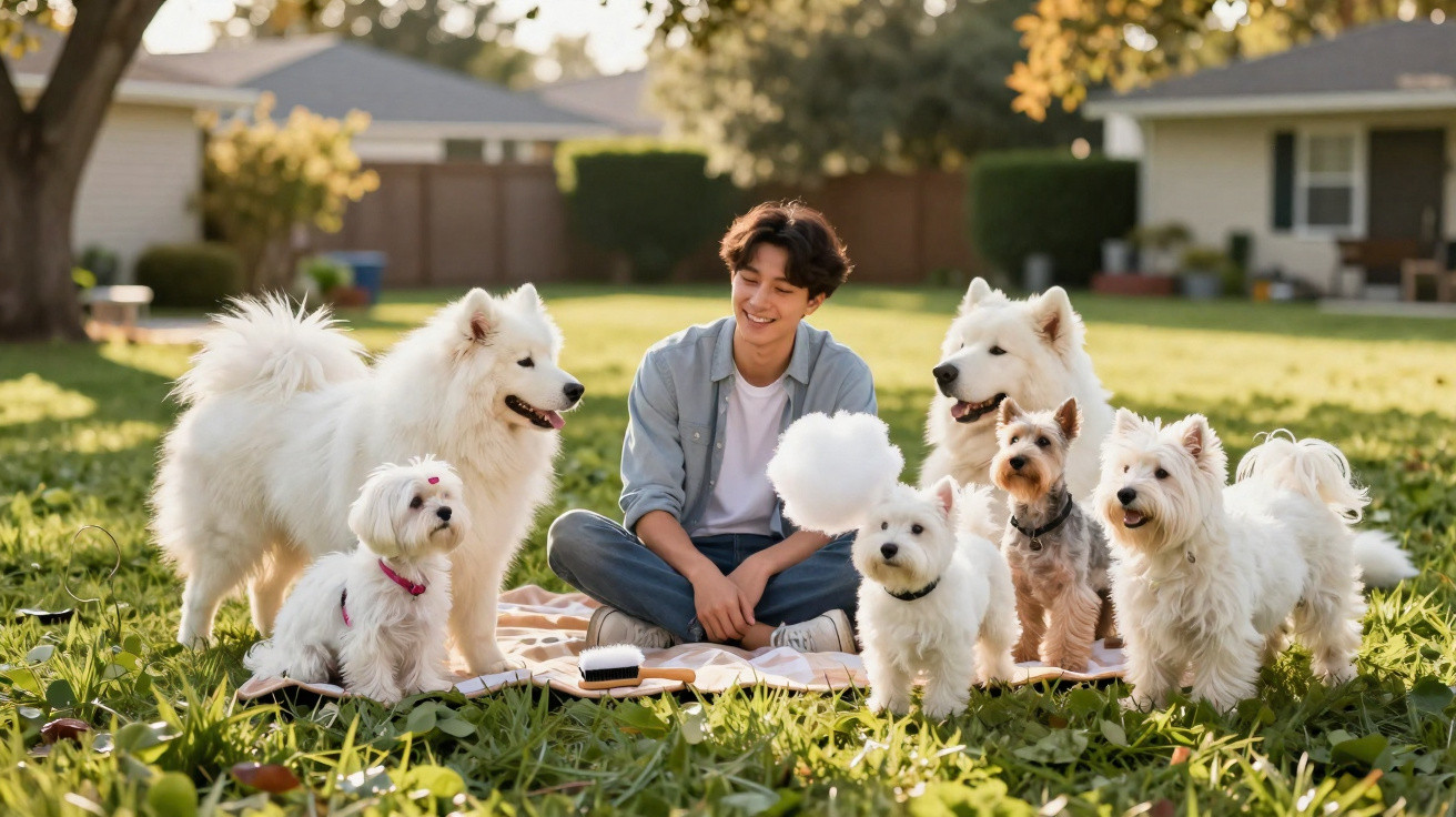 Jovem sentado num jardim rodeado por seis cães pequenos e grandes num dia soalheiro.
