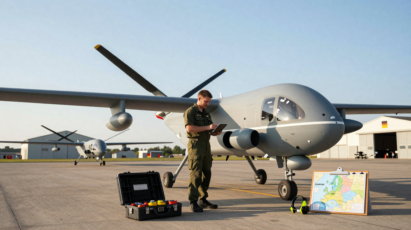 Militar em uniforme verifica drone cinzento no aeroporto com equipamento e mapa ao lado.