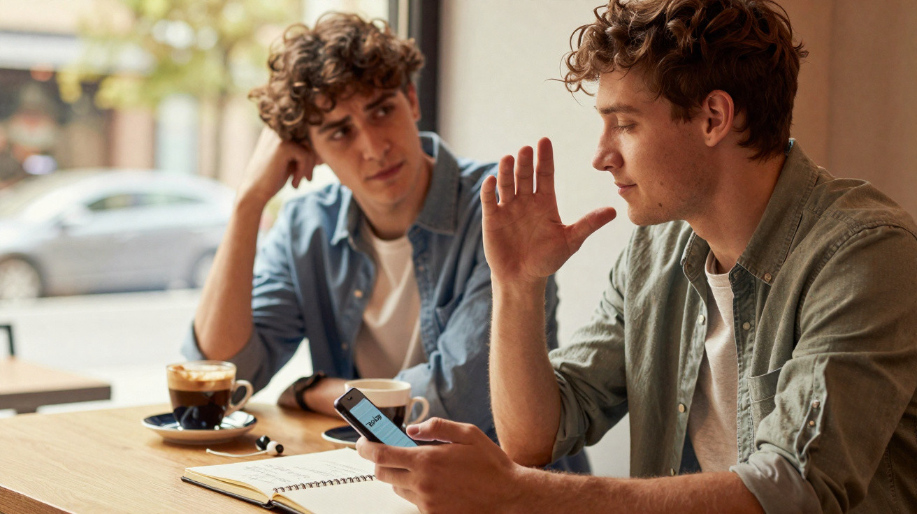 Dois homens sentados num café, um mostra algo no telemóvel enquanto o outro ouve atentamente.