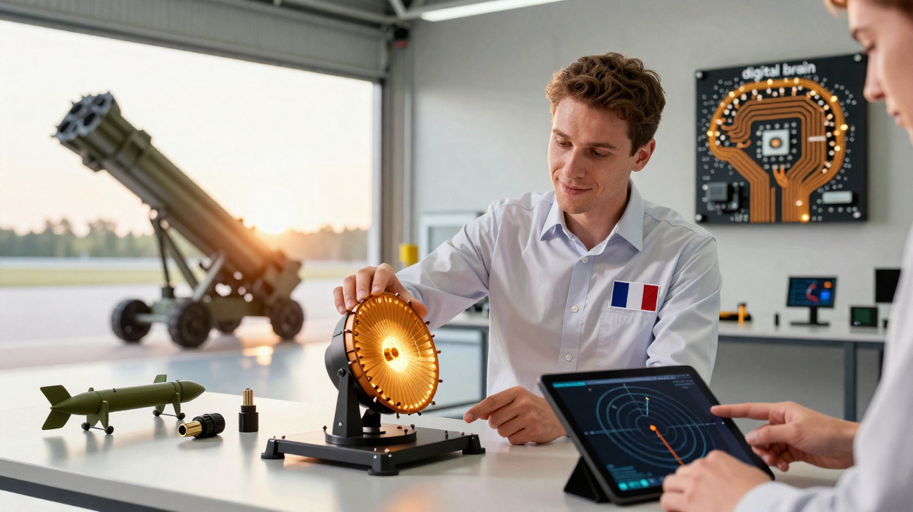 Cientistas a analisar equipamento militar e radar digital numa sala moderna com modelos militares e ecrãs táteis.