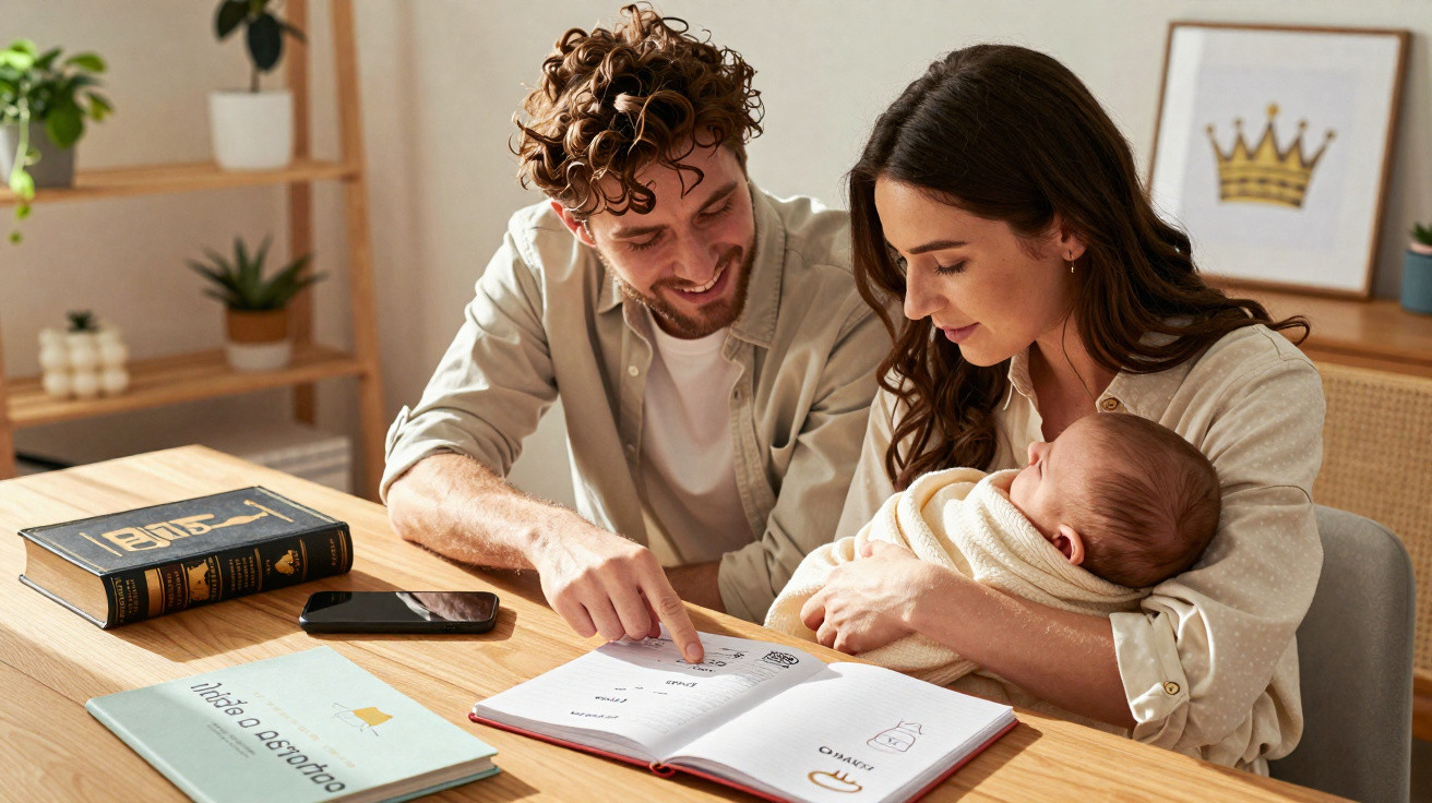 Casal jovem a estudar em casa com bebé ao colo, livros e smartphone numa mesa de madeira.