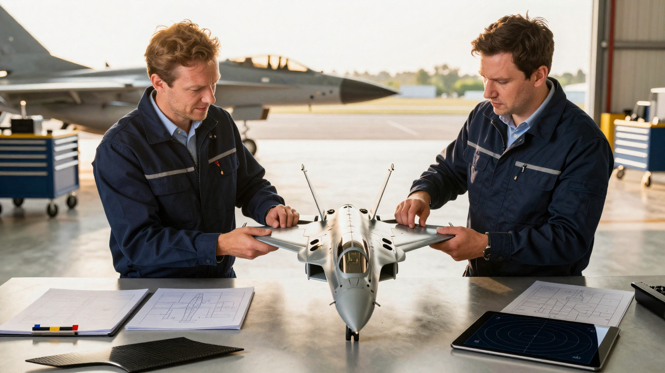 Dois engenheiros em macacão azul analisam modelo de avião de caça numa oficina aérea.