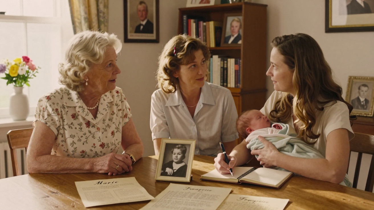 Três gerações de mulheres reunidas à mesa, com um bebé ao colo e fotografias de família à frente.