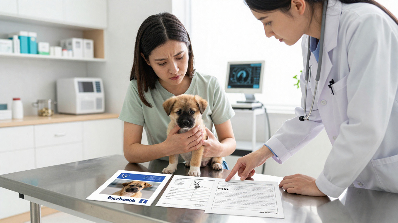 Veterinária explica documentos a dona preocupada enquanto esta segura um cãozinho numa clínica veterinária.