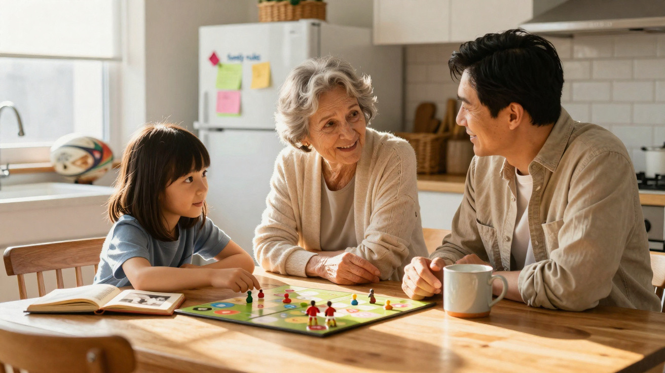 Avó, neta e homem estão a jogar um jogo de tabuleiro juntos à mesa da cozinha, sorrindo e conversando.
