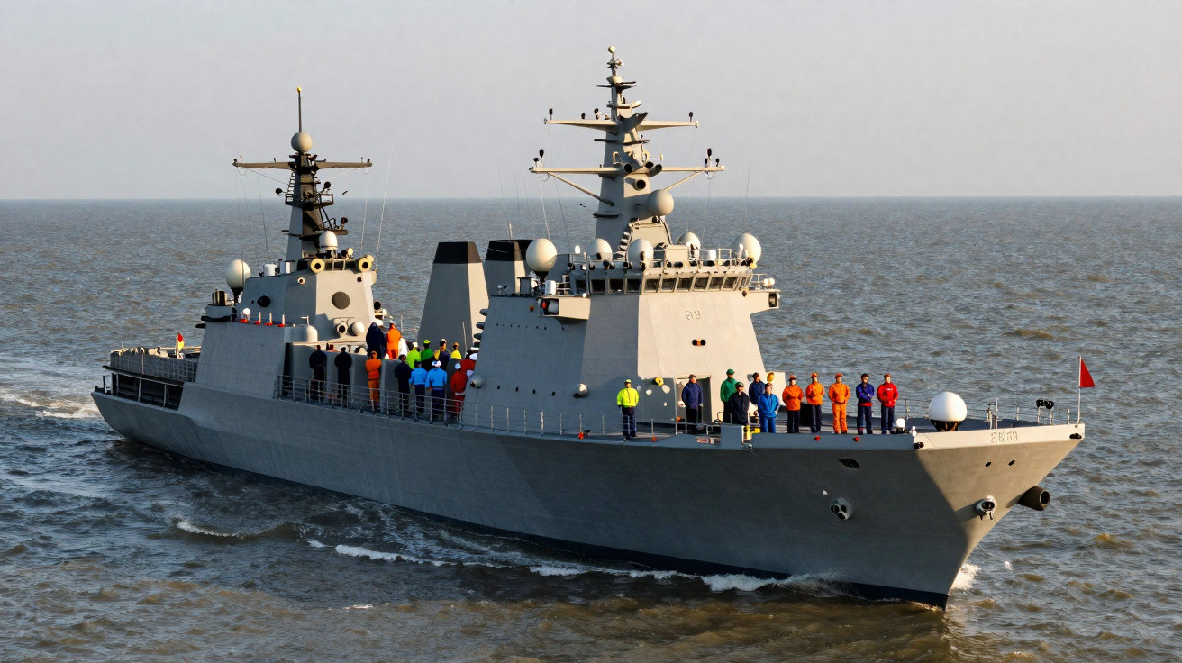 Fragata militar cinzenta com tripulantes de coletes coloridos em mar calmo.