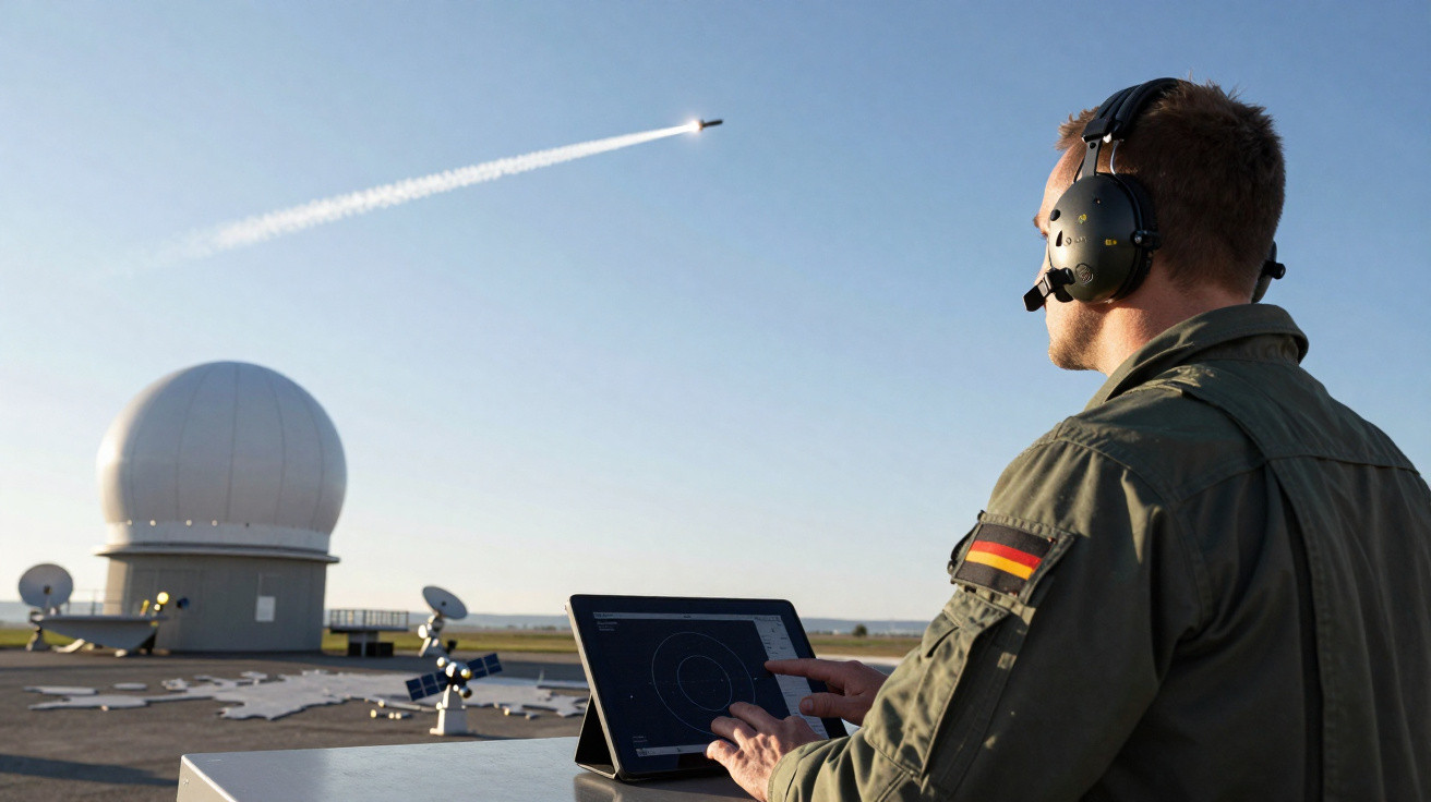 Militar com auscultadores e tablet a observar lançamento de míssil perto de radar num céu limpo.