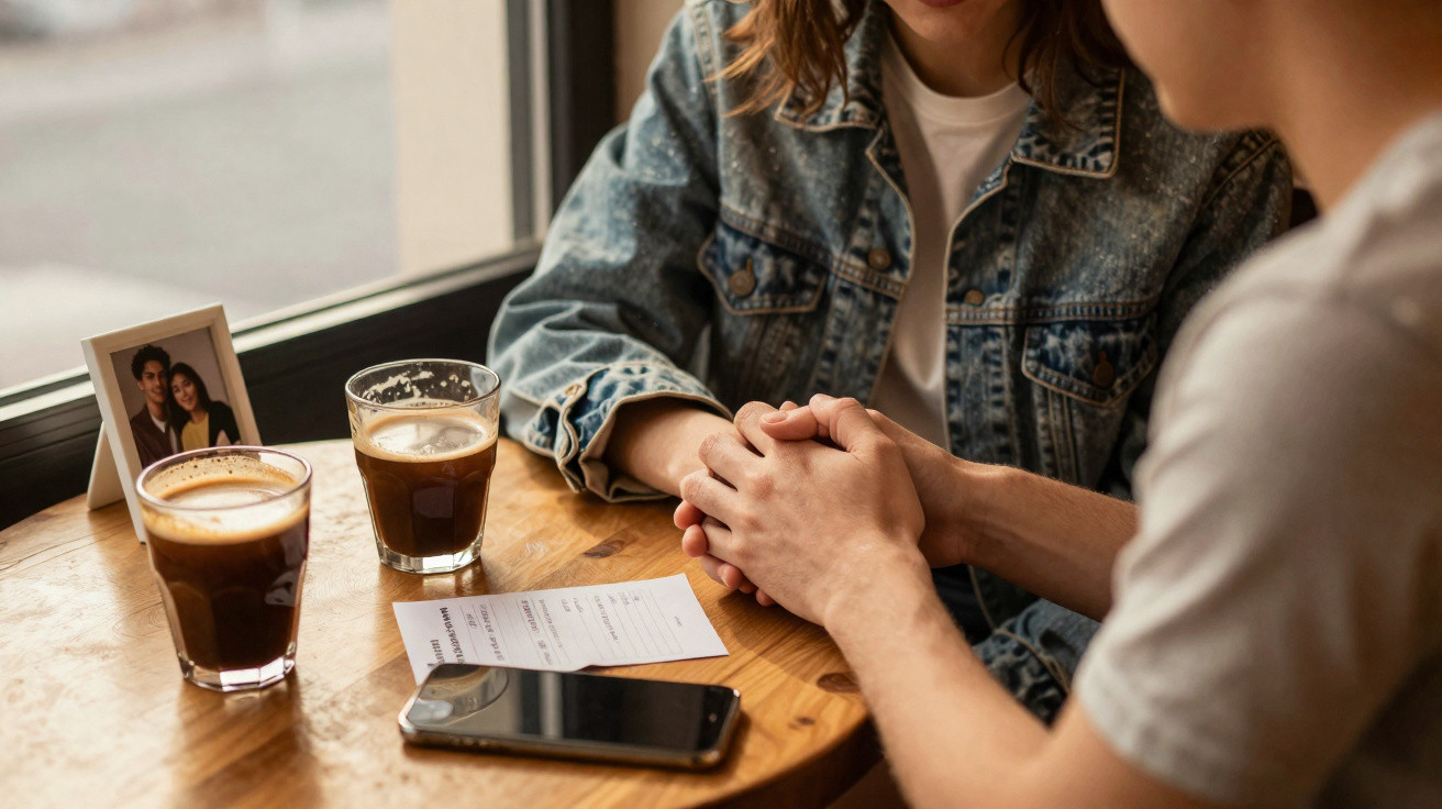 Duas pessoas sentadas numa mesa de café, segurando as mãos com dois copos de café, um telemóvel e uma foto emoldurada.