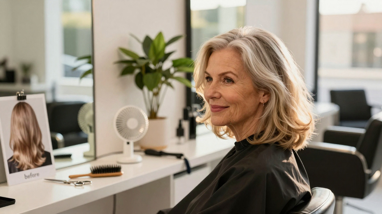 Mulher madura sentada num cabeleireiro, com olhar satisfeito após corte de cabelo.