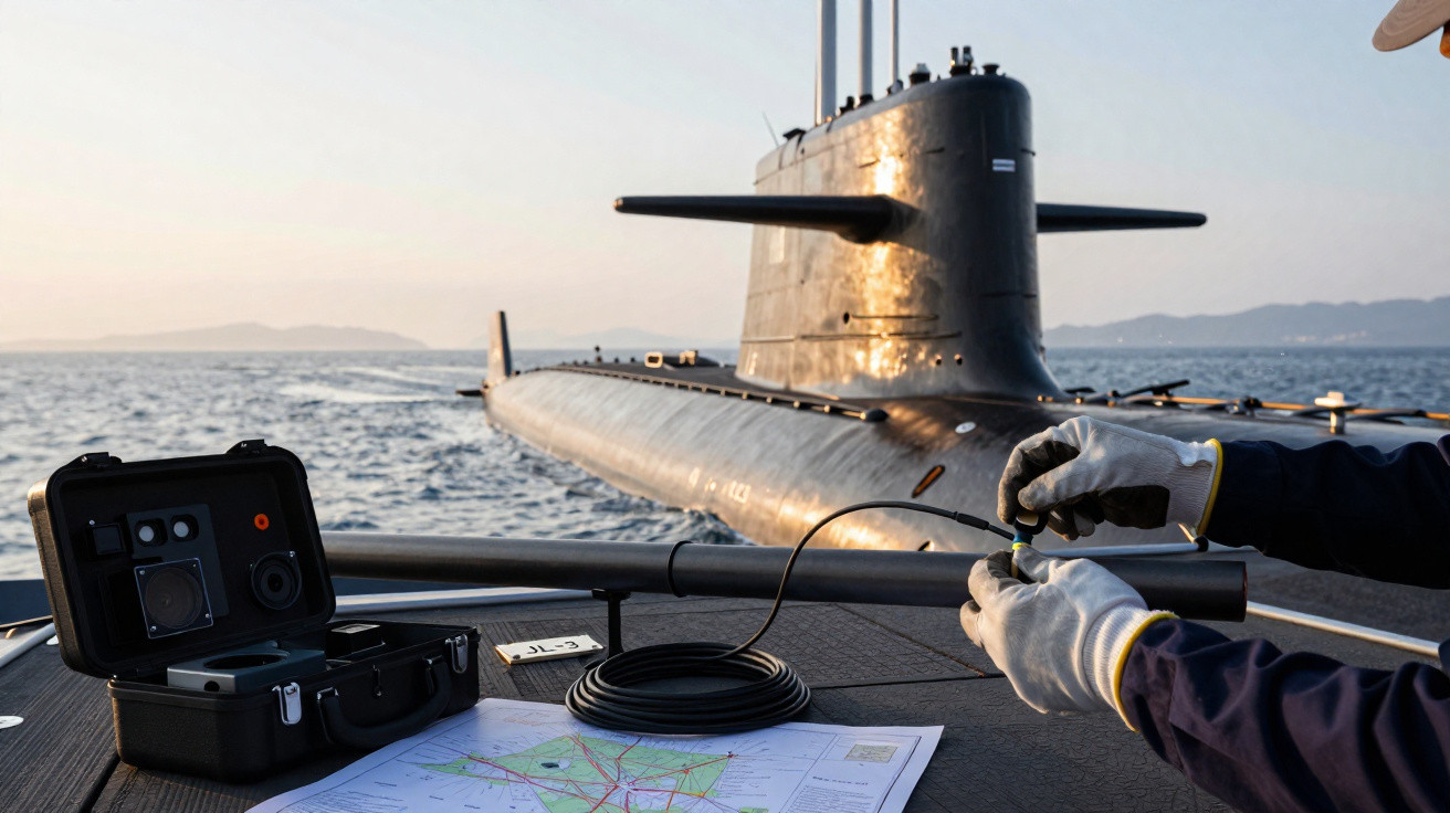 Mãos com luvas manipulam cabos num barco perto de um submarino no mar ao entardecer, com mapa e equipamento.