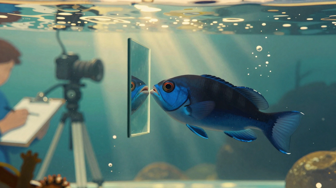 Peixe azul a olhar para o seu reflexo num espelho subaquático, com uma criança a observar e anotar.