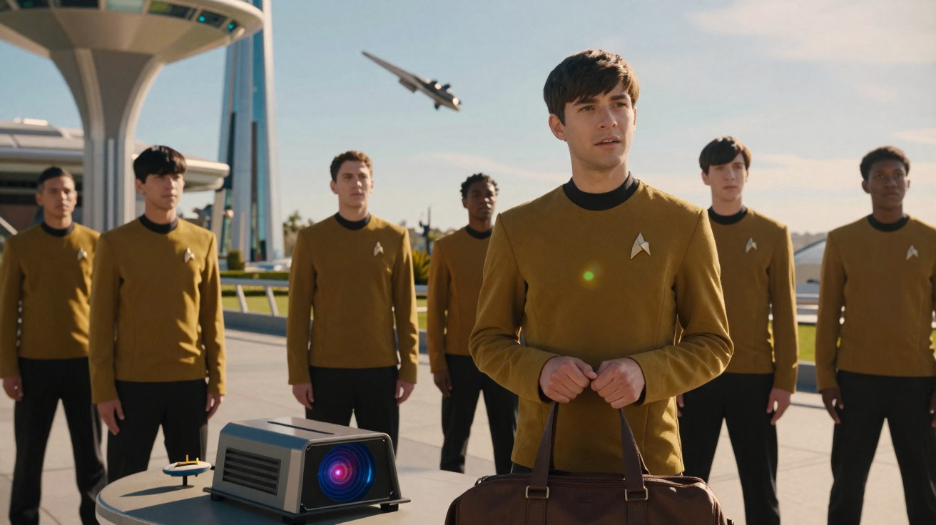 Grupo de seis jovens com uniformes amarelos de Star Trek numa área exterior futurista com nave a voar ao fundo.