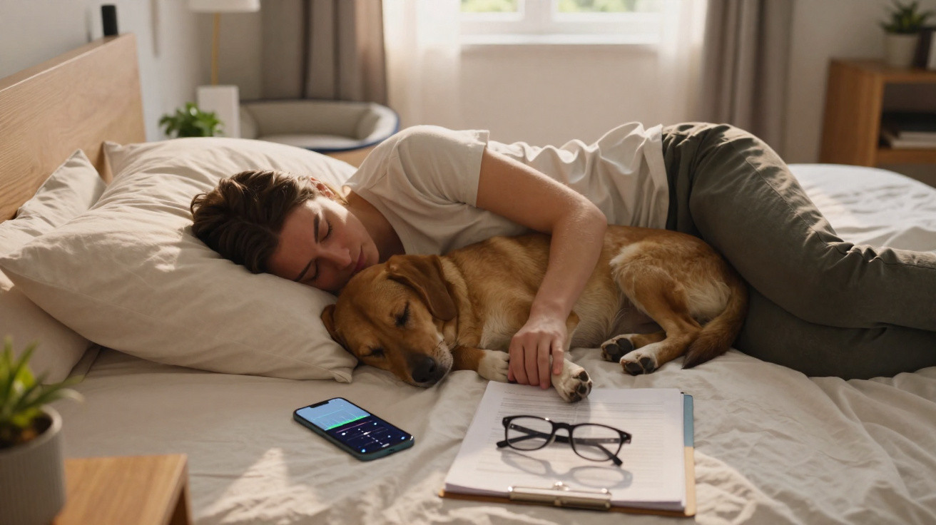 Pessoa deitada na cama a dormir abraçada a um cachorro, com óculos, telemóvel e bloco de notas à sua frente.