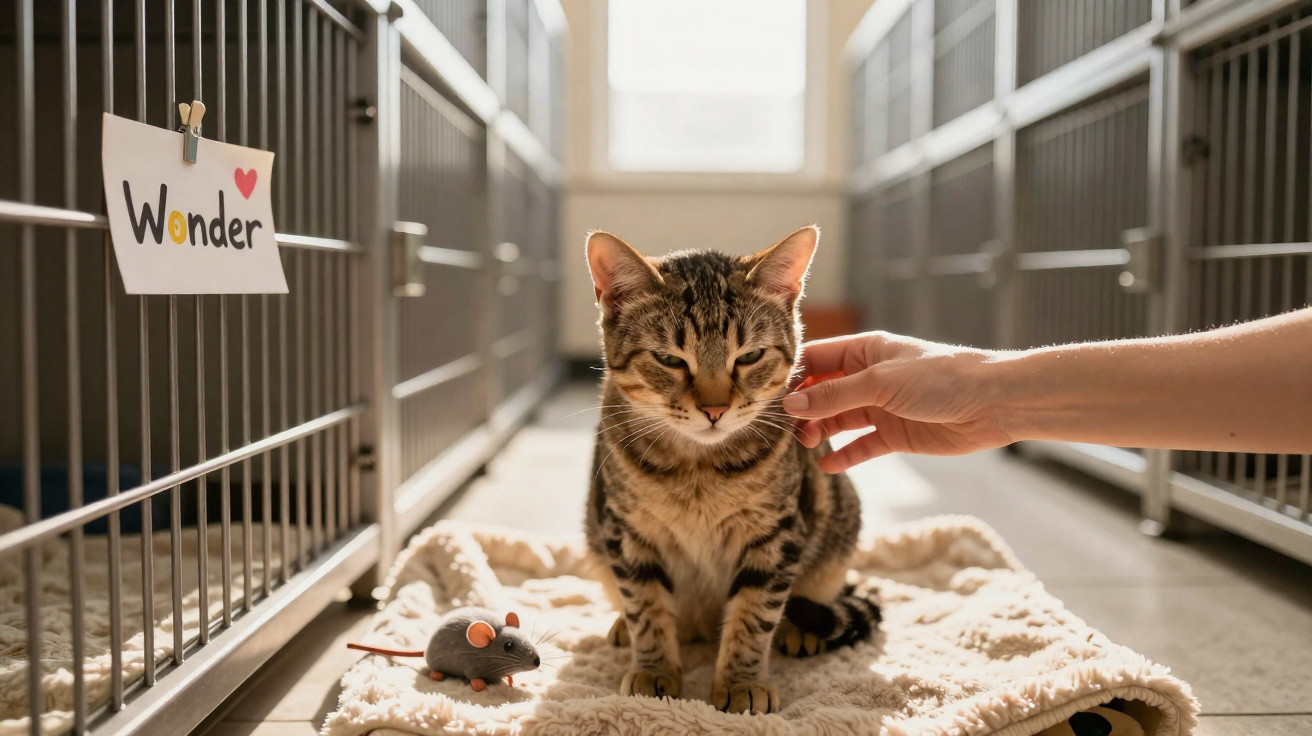 Gato com pelo riscado sentado num cobertor dentro de um canil, com uma mão a afagar-lhe.