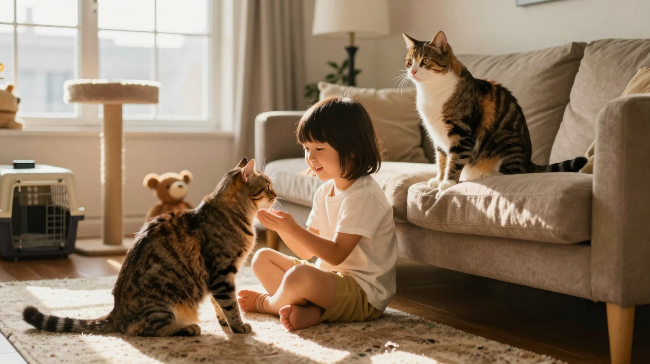 Criança sentada no chão a brincar com dois gatos num sofá numa sala iluminada pela luz natural.