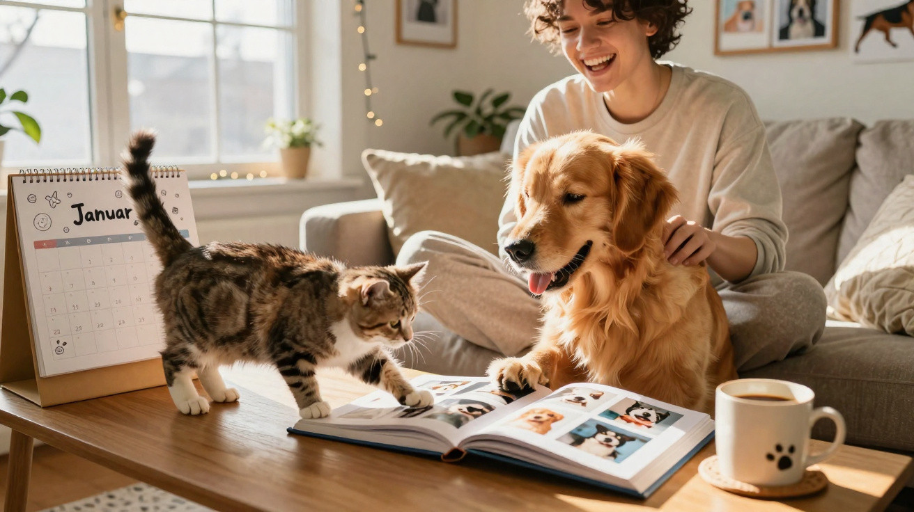 Pessoa sorridente sentada no sofá com cão e gato a olhar para livro de fotografias numa mesa.