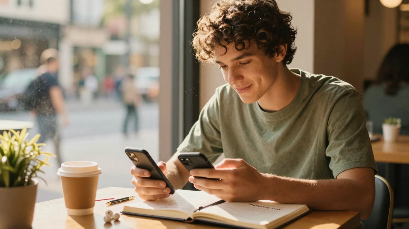 Jovem sentado numa mesa de café, a sorrir enquanto consulta dois telemóveis com livro aberto à sua frente.