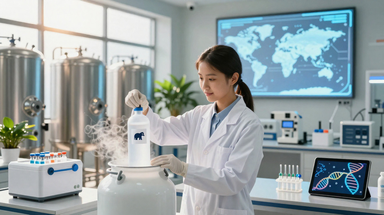 Cientista em laboratório a manusear um frasco com nitrogénio líquido, com equipamentos e ecrãs tecnológicos ao fundo.