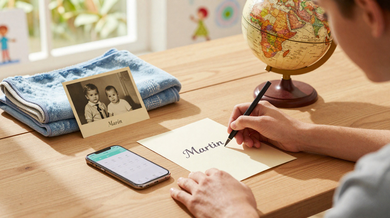 Pessoa a escrever "Martin" num papel sobre mesa, com foto antiga, toalhas, smartphone e globo terrestre.