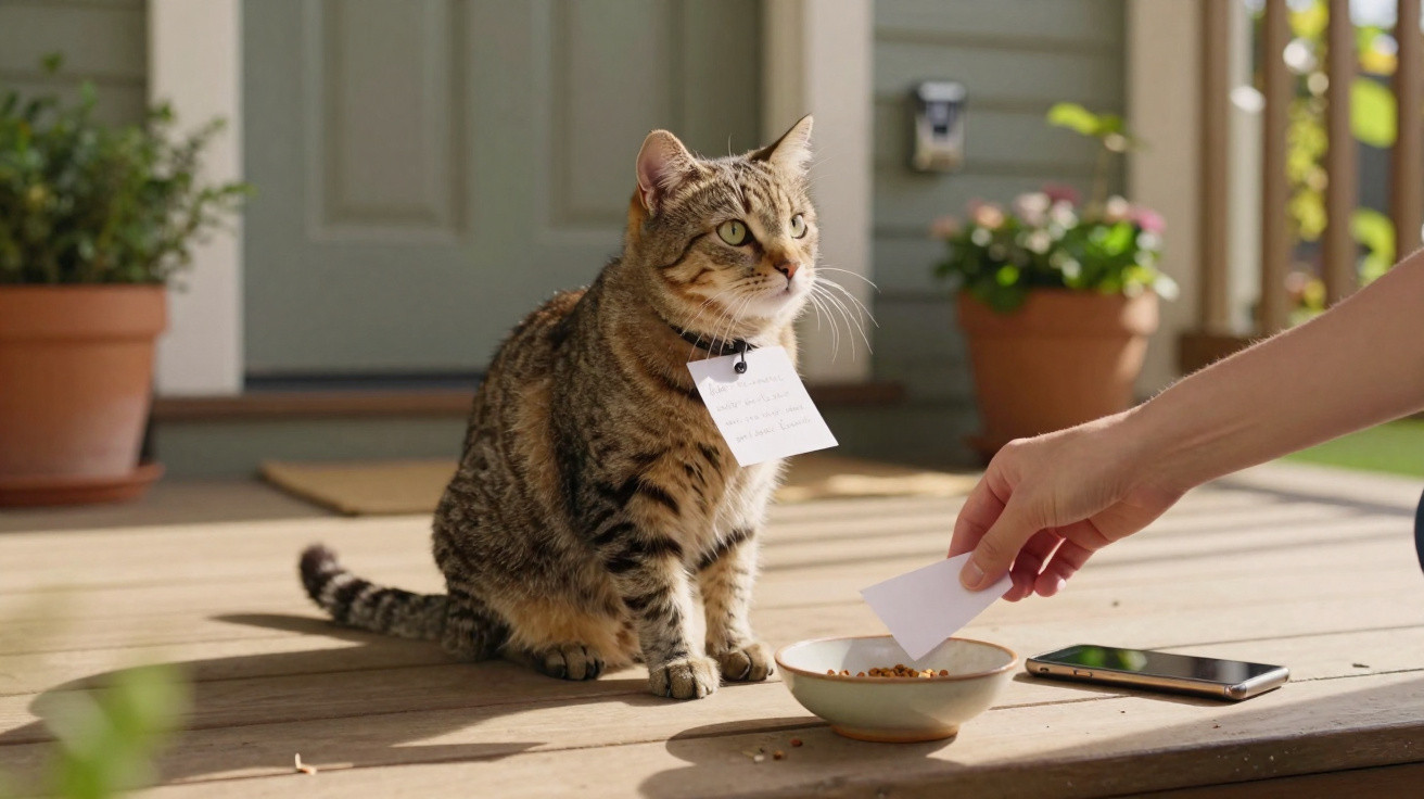 Gato com etiqueta no pescoço sentado numa varanda ao lado de uma taça de comida seco e telemóvel.