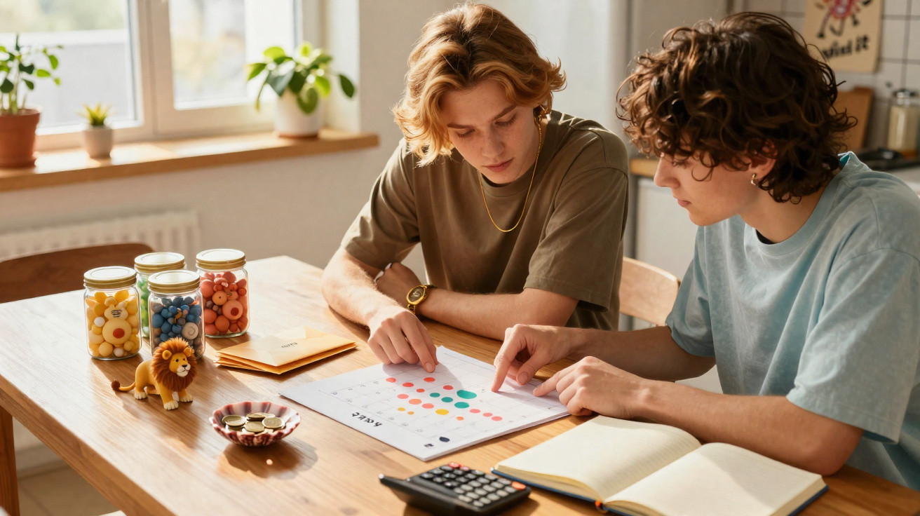 Dois jovens sentados à mesa a analisar um calendário colorido, com cadernos, calculadora e frascos de botões à sua frente.