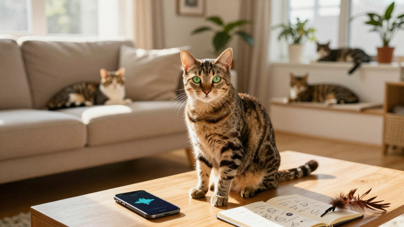 Gato tigrado com olhos verdes sentado numa mesa de madeira numa sala iluminada com dois gatos ao fundo.
