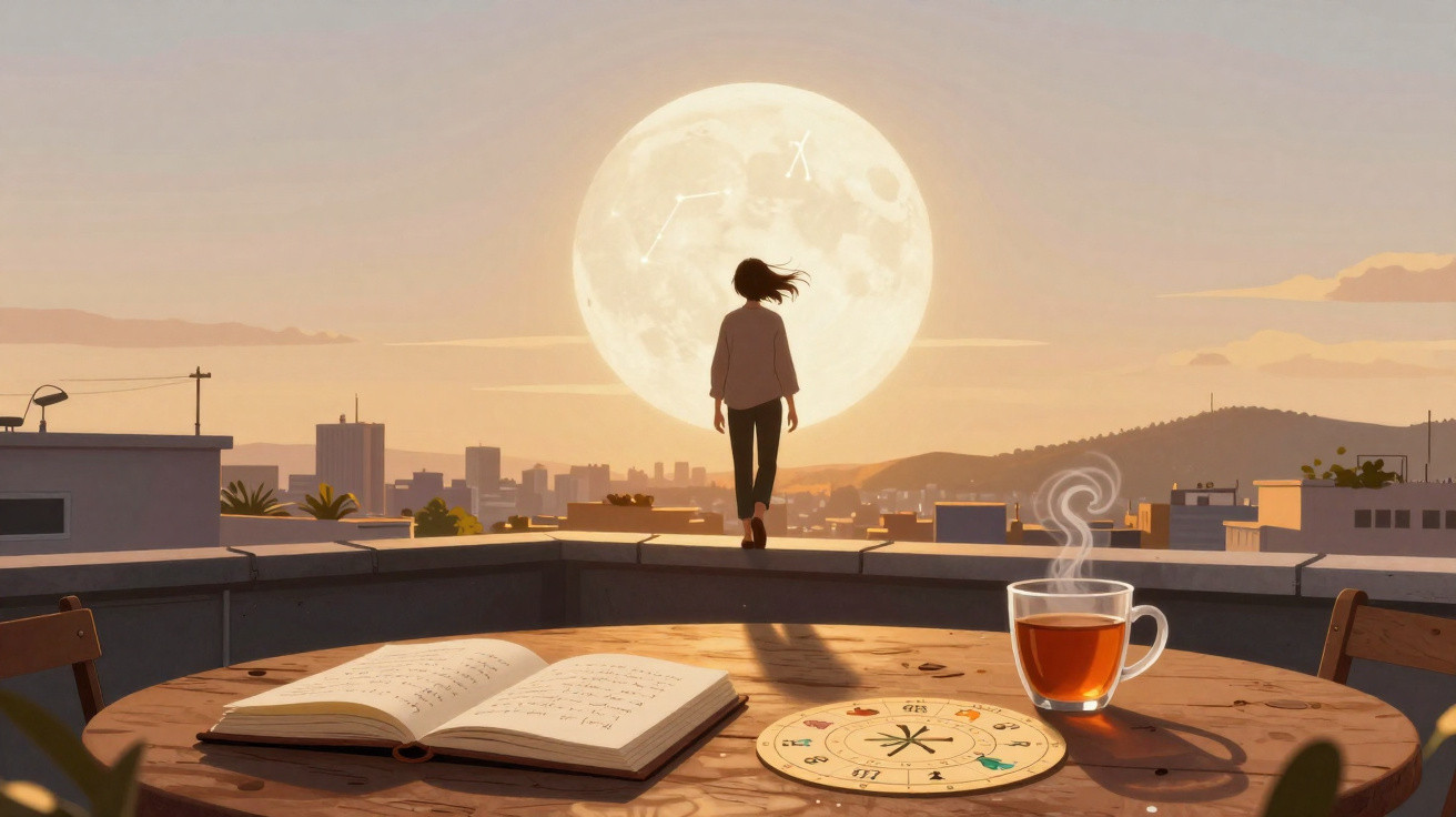 Mulher contemplando a lua cheia numa varanda com livro, chá e roda zodiacal ao entardecer numa cidade.