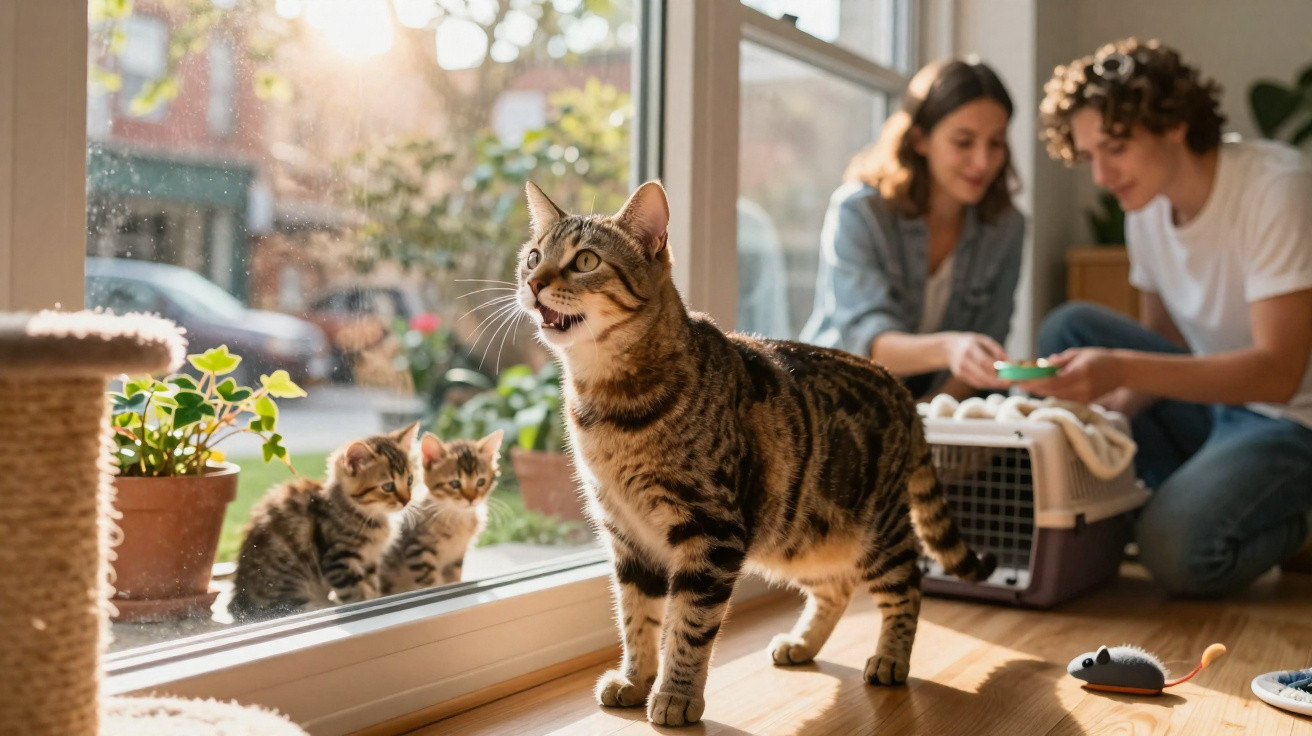 Gato adulto dentro de casa junto a dois gatinhos do lado de fora, com casal ao fundo a preparar transporte para gatos.