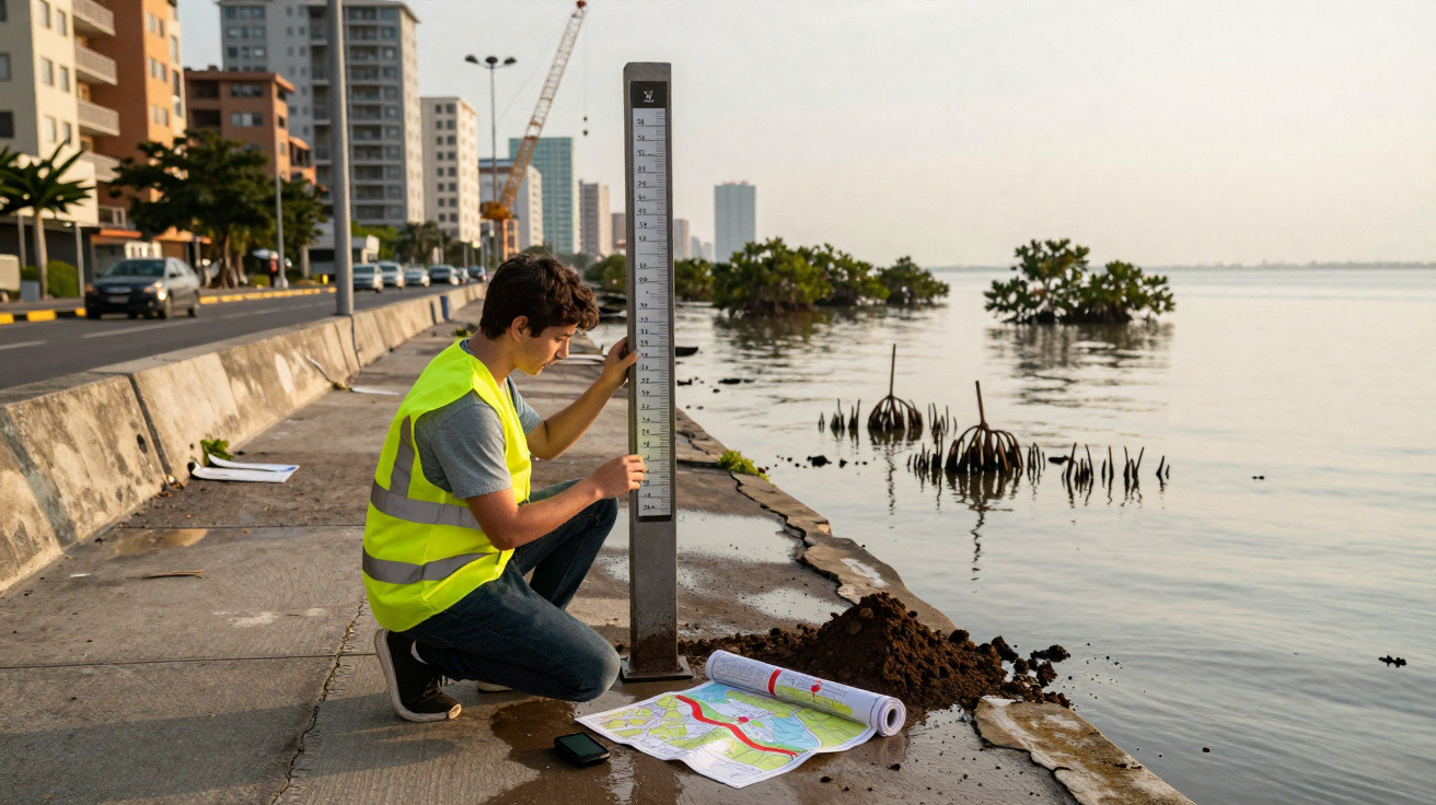 Homem com colete refletor mede nível da água junto a mapa e solo perto da margem urbana de um rio.