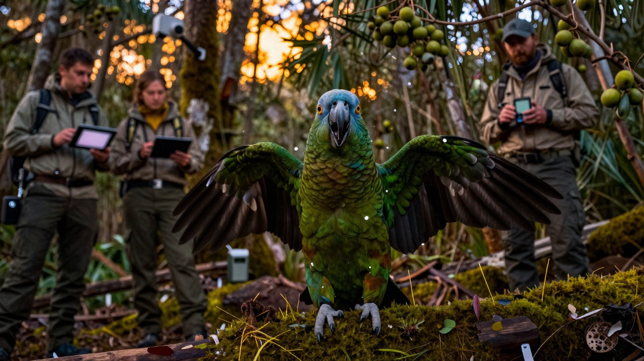 Papagaio verde com asas abertas em floresta, com três investigadores a observar ao fundo.