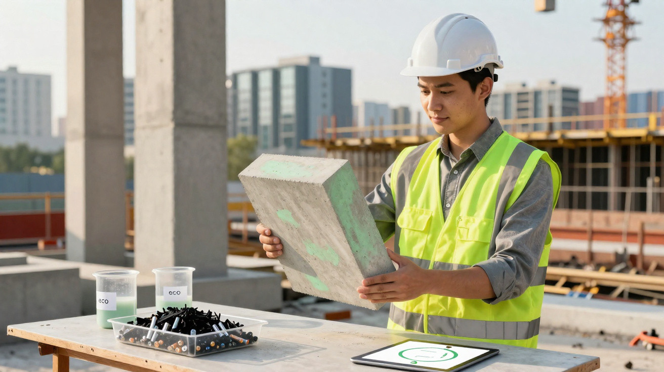 Engenheiro de obras a examinar bloco de cimento numa construção urbana com tablet e material de fixação.