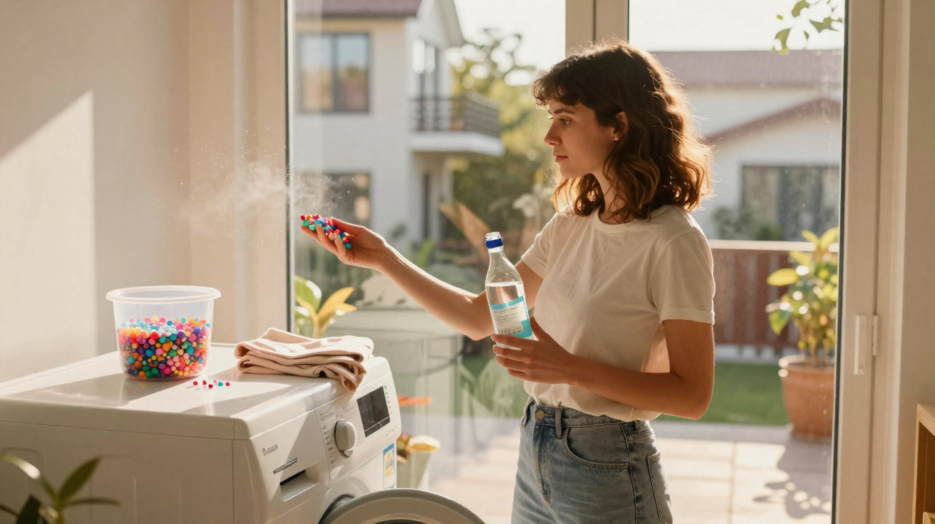 Mulher a usar vinagre para limpar a máquina de lavar roupa numa área iluminada por luz natural.