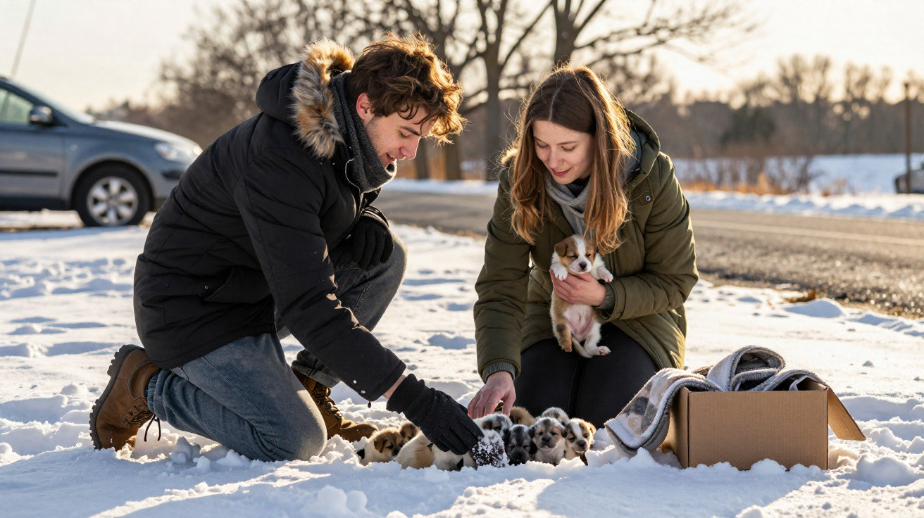 Dois jovens agachados na neve brincam com vários cachorros pequenos junto a uma caixa de papelão.