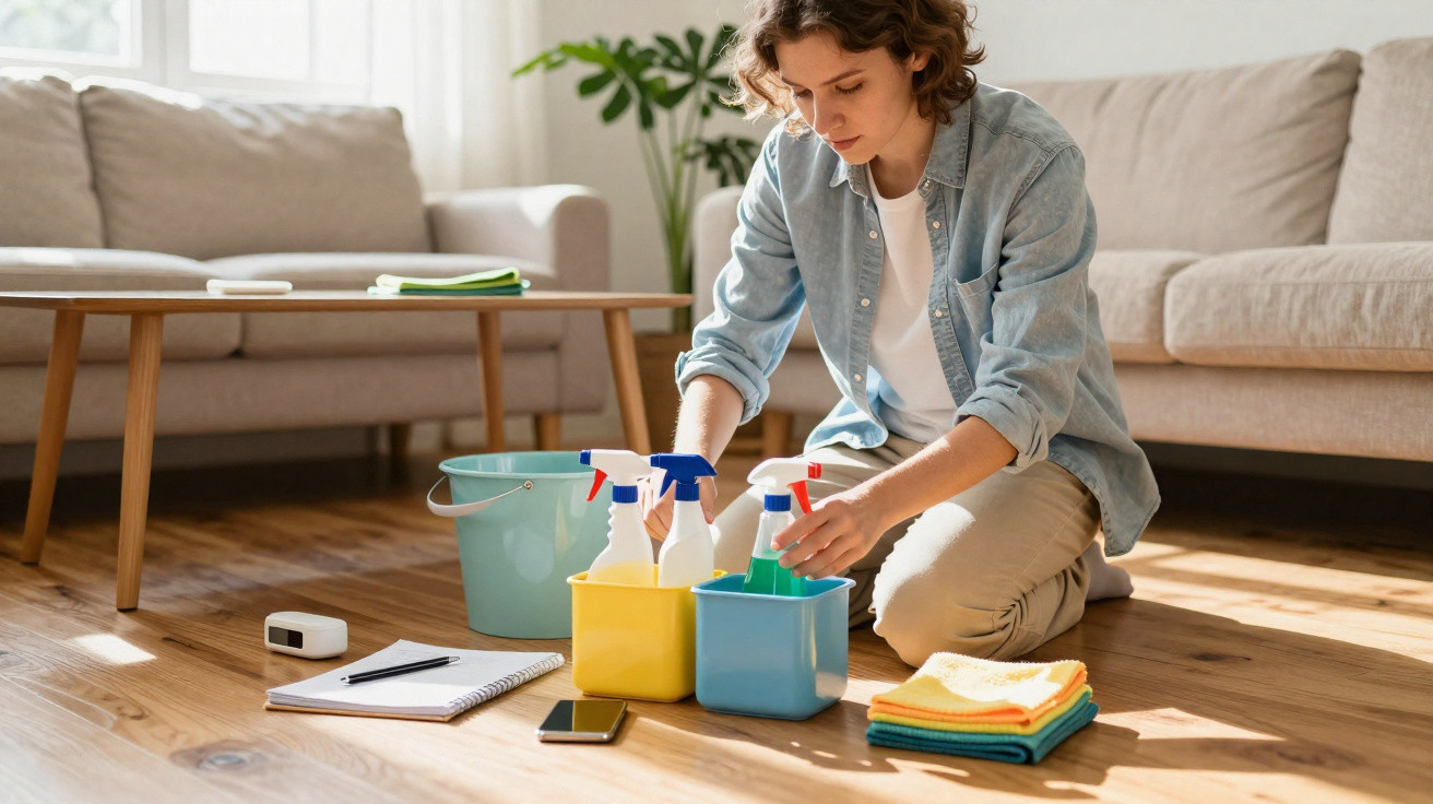 Mulher ajoelhada no chão a organizar produtos de limpeza, com pano, caderno e telemóvel ao lado.