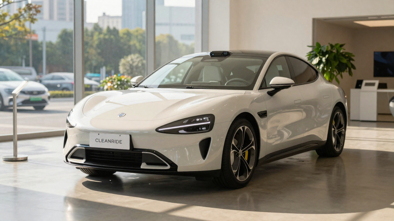 Carro elétrico branco Cleanride exposto em showroom moderno com janelas grandes e luz natural.