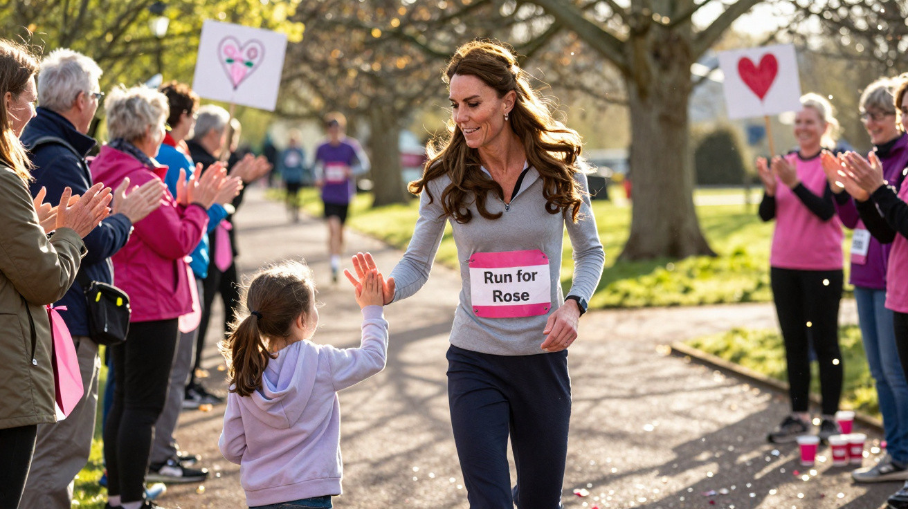 Mulher a correr numa corrida solidária, a dar um high five a uma criança, com público a aplaudir ao redor.