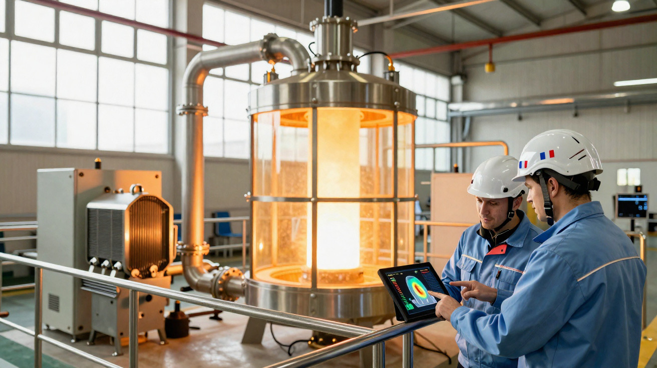 Dois engenheiros com capacetes analisam dados numa tablet numa fábrica com equipamento industrial iluminado.